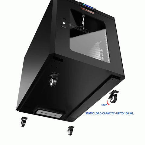 Solid Rig 12U Soundproof Server Rack with locking wheels and static load capacity of up to 100 kg for secure tech storage.