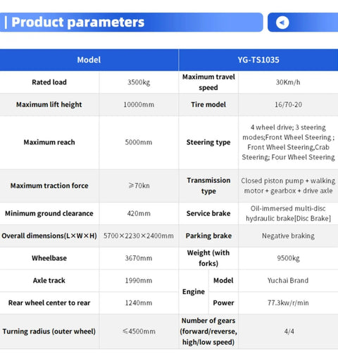 Product parameters for Heavy Duty Telehandler Telescopic Forklift including weight, lift height, reach, and wheelbase details.