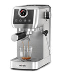 Pro Semi Automatic Espresso Maker With Built In Milk Frother And Touch Screen For Crafting Smooth Lattes brewing espresso into glass.