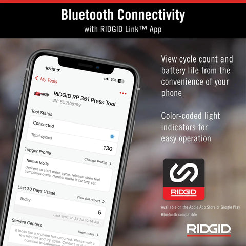 Corded ProPress Standard Tool Kit With 1/2 To 2 Inch Jaws Case And Attachments Brushless Motor Delivers Over 100000 Presses A Real Workhorse Compatible With All Standard Series Jaws app interface showing cycle count and settings on smartphone with RIDGID logo