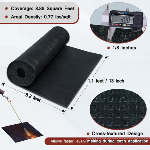 Badass Torch Down Sbs Bitumen Waterproofing Membrane Roll 8.2ft x 1.1ft, 1/8in thick, textured for roofing and foundations.