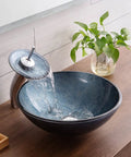 USZWBY Blue Bathroom Vessel Sink, Round 16.5" Tempered Glass Vessel Vanity Sink with waterfall faucet and installation.