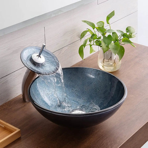 USZWBY Blue Bathroom Vessel Sink, Round 16.5" Tempered Glass Vessel Vanity Sink with waterfall faucet and installation.