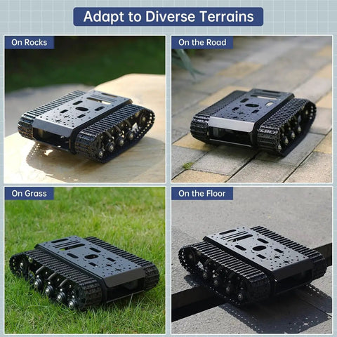 Tracked Tank Chassis With Encoder DC Motor And Suspension Shock Absorption, Beefy Full Metal Robotic Moving Platform Track For Arduino RPi Jetson Python DIY Smart Maker shown on various terrains.