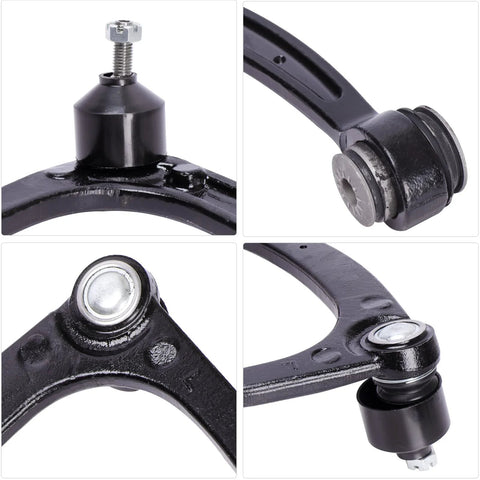 10pc front suspension kit components in black metal with silver hardware; includes upper control arms and ball joints.