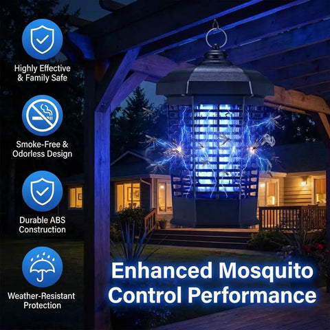 High Voltage 4200V Indoor Outdoor Killer Bug Zapper Lighthouse Shaped Insect Trap hanging on porch at night