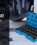 Heavy Duty 3/4 Inch Impact Socket Kit With Shallow Drive Plus Deep Socket 29 Piece Chrome Vanadium Set Featuring 6 Point Grip Design For Lug Nut Removal And Tough Jobs Comes Zippered Carrying Case open blue case with 3/4 inch 29-piece sockets