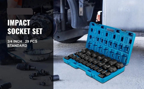 Heavy Duty 3/4 Inch Impact Socket Kit With Shallow Drive Plus Deep Socket 29 Piece Chrome Vanadium Set Featuring 6 Point Grip Design For Lug Nut Removal And Tough Jobs Comes Zippered Carrying Case open blue case with 3/4 inch 29-piece sockets