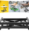 Heavy Duty 350lb Electric Scissor Lift Table With Adjustable Hydraulic Platform For Raising Heavy Loads To Perfect Working Height In Any Garage Shop Or Warehouse, showing a black frame, multi-angle views.