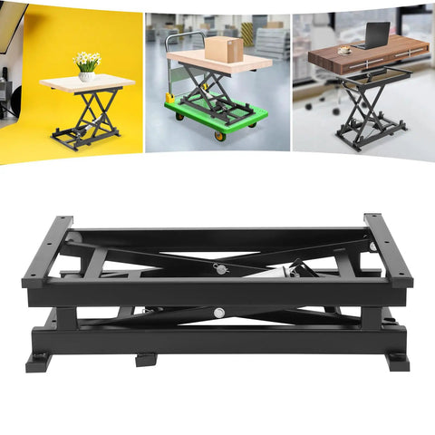 Heavy Duty 350lb Electric Scissor Lift Table With Adjustable Hydraulic Platform For Raising Heavy Loads To Perfect Working Height In Any Garage Shop Or Warehouse, showing a black frame, multi-angle views.