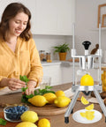 Woman using 8 Section Citrus Cutter With V Shaped 420 Stainless Steel Blades Heavy Duty Lemon Slicer in kitchen