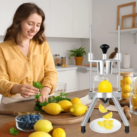 Woman using 8 Section Citrus Cutter With V Shaped 420 Stainless Steel Blades Heavy Duty Lemon Slicer in kitchen