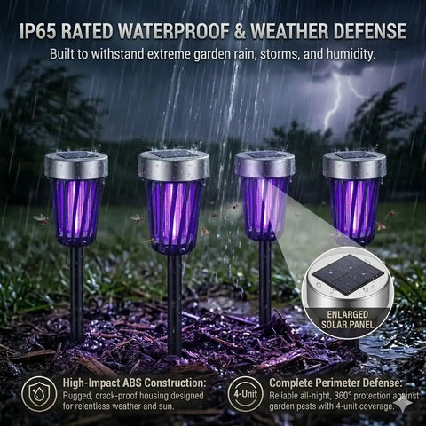 Four solar powered outdoor bug zappers with UV light, placed in garden setting, designed for mosquito and insect control.