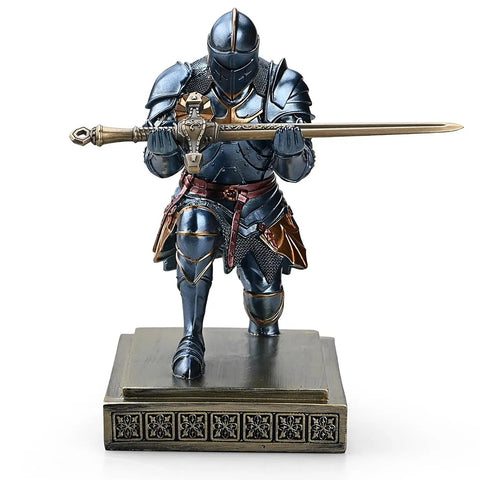 Medieval Armor Knight Pen Holder For Desk Organizer Resin Pencil Holder And Paperweight Gift With A Badass Letter Opener Blue Finish