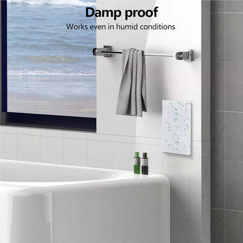 2 Gang Glass Panel WiFi Smart Light Switch With Touch Control installed in a bathroom setting, showing damp-proof feature.