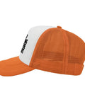 Side view of an orange and white mesh baseball cap with text on the front, Mens Hiking Hat With Adjustable Strap Sun Hat Anti Sweat Band Washed Distressed Low Profile Baseball Cap For Outdoor Adventure And Everyday Wear Dope For Sports Travel And Casual Style