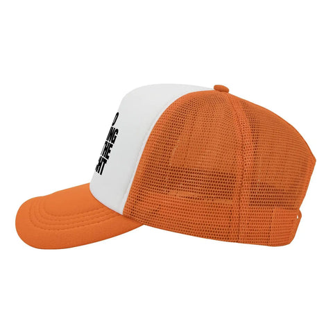 Side view of an orange and white mesh baseball cap with text on the front, Mens Hiking Hat With Adjustable Strap Sun Hat Anti Sweat Band Washed Distressed Low Profile Baseball Cap For Outdoor Adventure And Everyday Wear Dope For Sports Travel And Casual Style