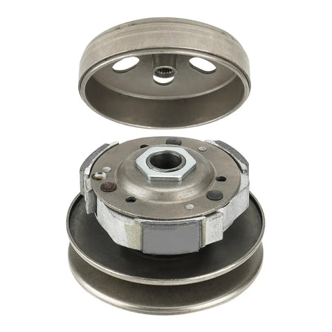 Gy6 50cc Clutch Set And Variator Kit With 669 Belt For 139QMB Short Case Engines, front view showing assemblies.