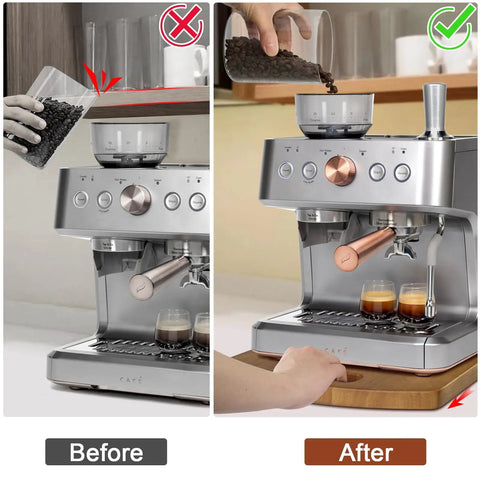Solid Wood Sliding Tray For Coffee Makers And Heavy Kitchen Appliances, 360-Degree Rolling Wheels, Quiet Glide in use under coffee maker.