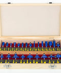 24 Piece 1/4 Inch Shank Router Bit Set With Tungsten Carbide Blades For Woodworking, displayed in an open wooden box