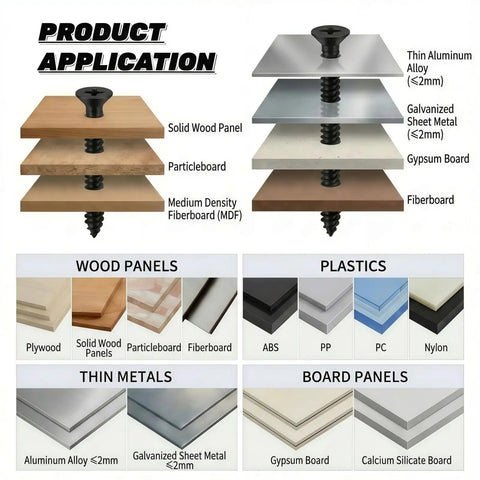 Pro Grade 304 Stainless Steel Self Tapping Screws For Wood And Sheet Metal 100 Pack in application on various materials.