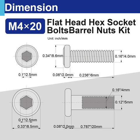 M4 X 20mm dimensions diagram showing Flat Head Hex Socket Bolts and Barrel Nuts from Badass 304 Stainless Steel Bolt Kit.