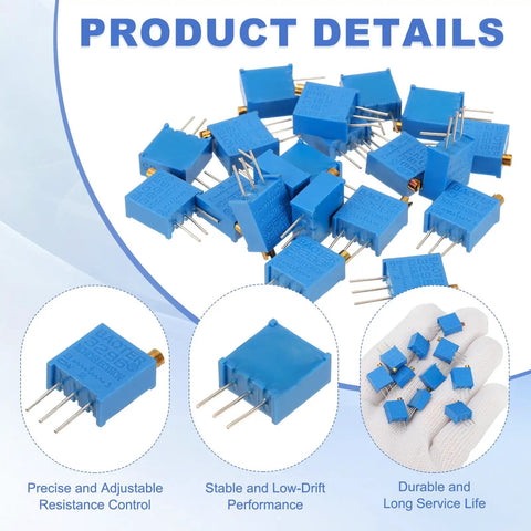 50K Ohm Multiturn Trimmer Potentiometer Kit Pro Grade 3296W Type Top Adjustable Variable Resistor shown in various views