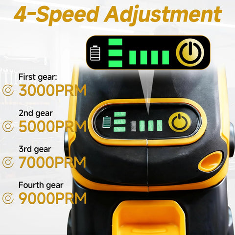 Front view of RhovixStar cordless angle grinder, black and yellow body with four-speed RPM indicators.