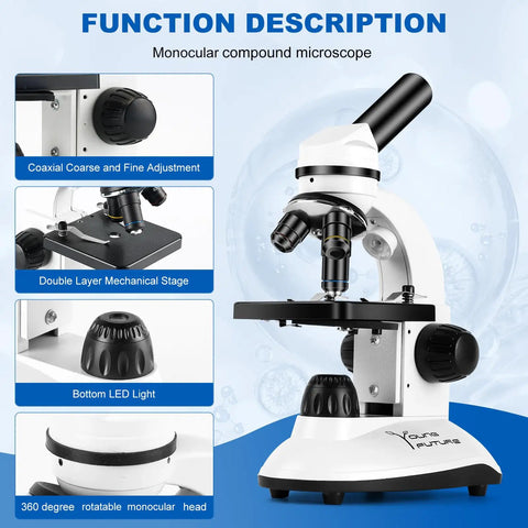 All In One Microscope For Adults And Kids With 40X-2000X Magnification shown with coaxial adjustment and LED light