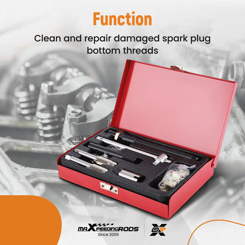 Spark Plug Thread Repair Kit M14 x 1.25 Taps And Inserts, 26 Piece Rethreading Tools Set with red case shown open