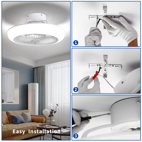 Dope Modern Ceiling Fan With Lights And Remote Control Round LED Fixture installation steps in a living room setting.