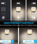 Motion Sensor Night Light Four Pack Plug In Dusk Till Dawn Lights With Auto On Off High And Low Modes No Fuss Compact LED Night Lights for Bedroom Bathroom Kitchen Hallway and Stairs shown in user-friendly control settings and lighting modes.