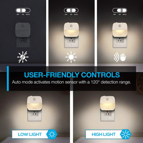 Motion Sensor Night Light Four Pack Plug In Dusk Till Dawn Lights With Auto On Off High And Low Modes No Fuss Compact LED Night Lights for Bedroom Bathroom Kitchen Hallway and Stairs shown in user-friendly control settings and lighting modes.
