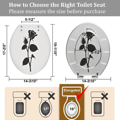 Elongated Toilet Seat Rose Resin for Bathroom Replacement diagram showing dimensions and installation tips.