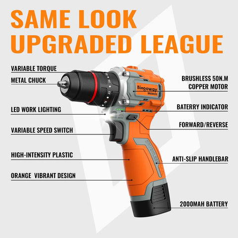 Powerhouse Brushless Cordless Drill Set With Four In One Action And Fifty Newton Meters Torque includes a cordless drill with metal chuck and LED lighting.