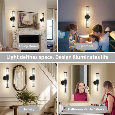 Dope Nineteen Point Sixty Nine Inch Modern Bathroom Wall Sconce Light Fixture Black Glass Rod Vanity Light in various home settings