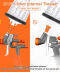 Heavy Duty M16x1.5 Thread Spray Gun Cup Adapter shown attached to a spray gun, demonstrating compatibility with AeroPro R500 systems.