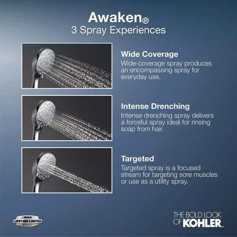Awaken B90 Multi Function Handshower Kit With Handheld Shower Head showing three spray modes: wide coverage, intense drench, targeted spray.