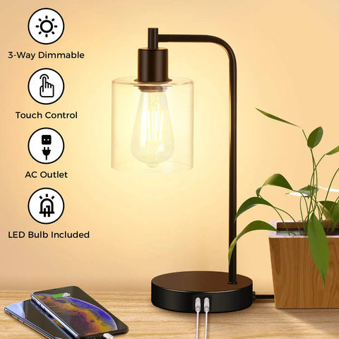 Set Of 2 Industrial Touch Control Table Lamps With 2 USB Ports And AC Outlet, 3 Way Dimmable Bedside Nightstand Lamps With Glass Shade