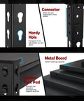 Close-up of Beefy Heavy Duty Metal 5 Tier Storage Shelves with Connector, Hardy Hole, Rubber Foot Pad, and Metal Board details.