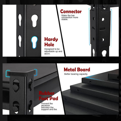 Close-up of Beefy Heavy Duty Metal 5 Tier Storage Shelves with Connector, Hardy Hole, Rubber Foot Pad, and Metal Board details.