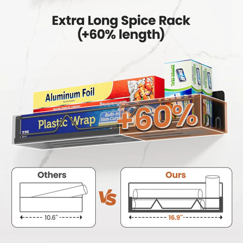 Super Wide Magnetic Fridge Organizer Metal Spice Rack 16.9 Inch Heavy Duty Adjustable No Drill Refrigerator Shelf 4 Pack showing extra long storage.