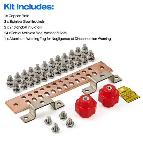 Heavy Duty Copper Ground Bar Kit With 24 Holes, 2x2 Inch Standoff Insulators, UL Recognized C11000 Copper for Electrical Panels