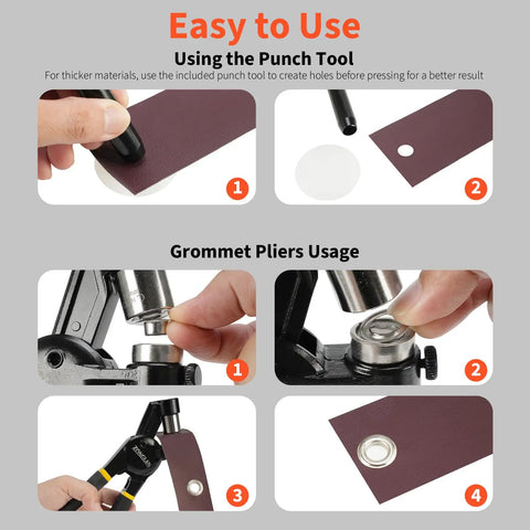 Step-by-step usage of Three Eighths Inch Handheld Eyelet Kit With Pliers, Grommet Press, And 300 Silver Anti Rust Grommets for DIY projects.