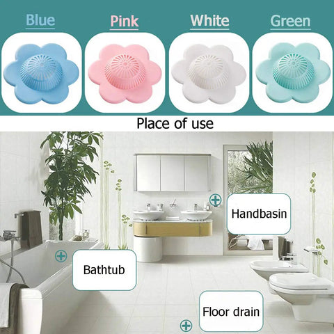 Blue, pink, white, and green Silicone Hair Catcher Drain Stopper With Suction Cups for bathrooms and kitchens.