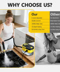 Portable Handheld Steam Cleaner With Six Adjustable Pressure Levels And Fifteen Utility Tips in use on kitchen stove.