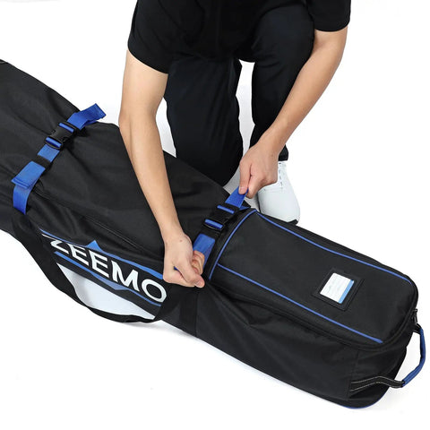 Person securing Full Open Golf Club Travel Case With Wheels Airline Approved Protective Cover For Cart Bags And Stand Bags