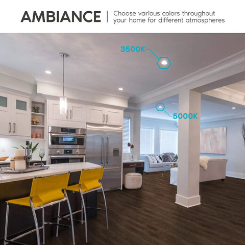Modern kitchen with 4 Inch Ultra Thin Square LED Recessed Lighting Kit, showing 3500K and 5000K color temperature options.