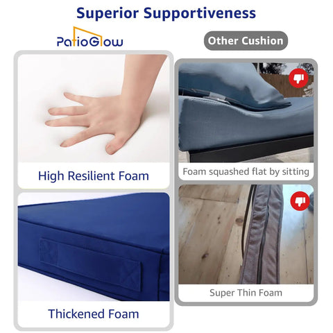 Comparison of Outdoor Chair Cushions 19 By 19 By 3 Inches With Handle And Ties Waterproof And Fade Resistant Set Of 2 Blue against a squashed cushion showing thickness and resilience with a hand pressing the surface.