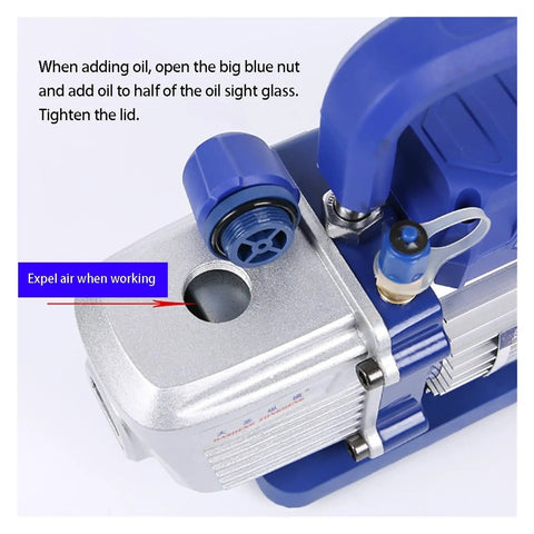 Heavy Duty Vacuum Pump For Industrial Refrigeration And Auto Shop Maintenance With Killer 180 Watt Motor showing oil inlet and blue nut.